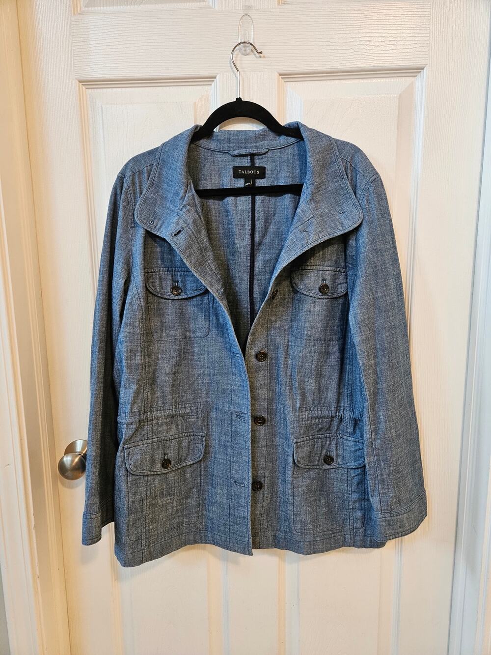 Talbots Chambray Utility Jacket XL Blue Cotton Safari Field Jacket Drawstring